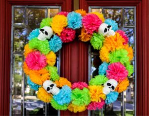 day of the dead wreath hanging on a door
