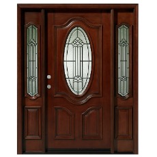 Mahogany front door with decorative sidelights. 
