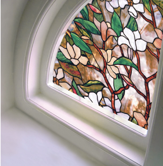 Stained glass window film on partial circle top window