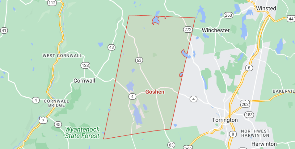 Map of Goshen, CT and surrounding towns.
