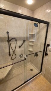 Brecchia, Diamond, Oil Rubbed Bronze Shower Installed in Norwalk, CT With Grab Bars